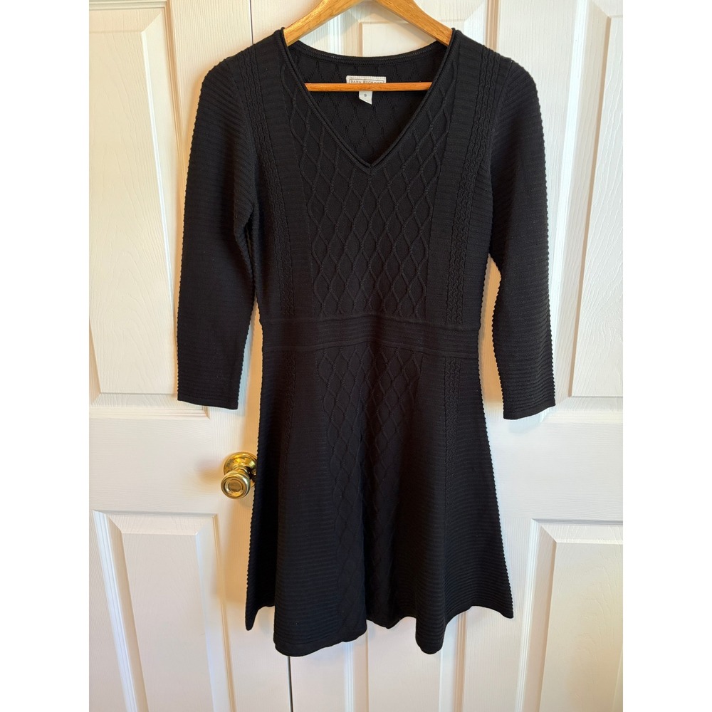 Dana Buchman Black Knit V-Neck Sweater Dress Long Sleeve Fit Flare Size Small